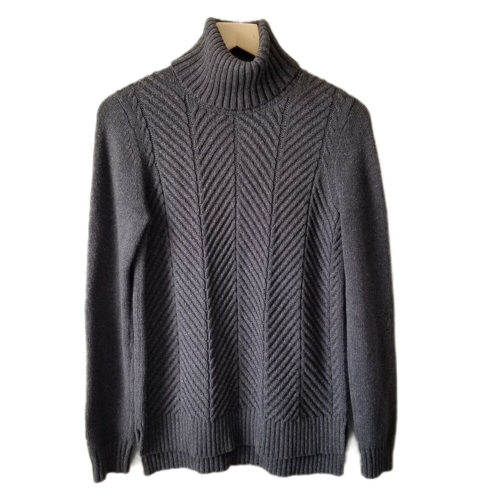 Women Chunky Scandi Fisherman Gray Turtleneck Sweater S Preppy Classic Old Money